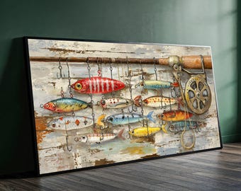 Vintage canvas vissen kunstaas, rustieke kunst aan de muur visgerei, nautisch interieur, schilderij hengel en haspel, outdoor avontuur canvas