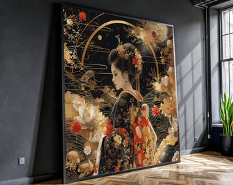 Elegant geishaportret canvas, kunst aan de muur Japanse kimono, gouden bloemdessin, oosters decoratief canvas, woondecoratie Aziatische cultuur