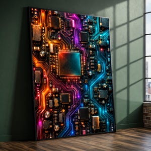 May include: A rectangular wall art print featuring a detailed electronic circuit board design. The board displays a complex network of pathways illuminated in vibrant orange, purple, and blue neon hues, centred around a large square processor chip.