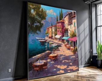 Mediterranean Seaside Village Canvas Wall Art, Romantic Italian Coastal Town Painting with Cafes for Living Room, Dining Room