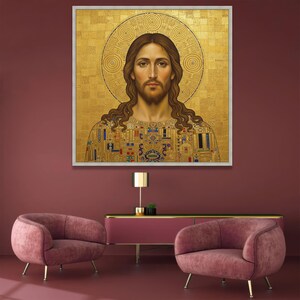 Gustav Klimt Stil Jesus Porträt Leinwand, Gold religiöse Wandkunst, ikonische heilige Kunstdruck, spirituelle Wohnkultur, moderne klassische Leinwand Bild 4