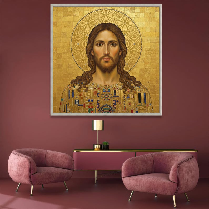 Gustav Klimt Stil Jesus Porträt Leinwand, Gold religiöse Wandkunst, ikonische heilige Kunstdruck, spirituelle Wohnkultur, moderne klassische Leinwand Bild 4