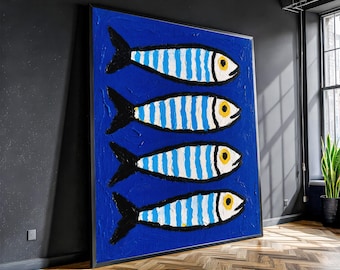 Striped Sardines Canvas Painting - Coastal Pop Wall Art, Ready to Hang, Nautical Gift for Kitchen or Beach House Decor