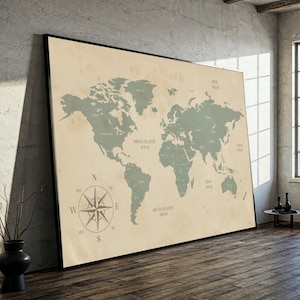 Vintage världskarta på canvas, stor reseväggkonst, global kartdekoration, jordgeografi på canvas, väggkonst för hemmakontor, stor canvastavla
