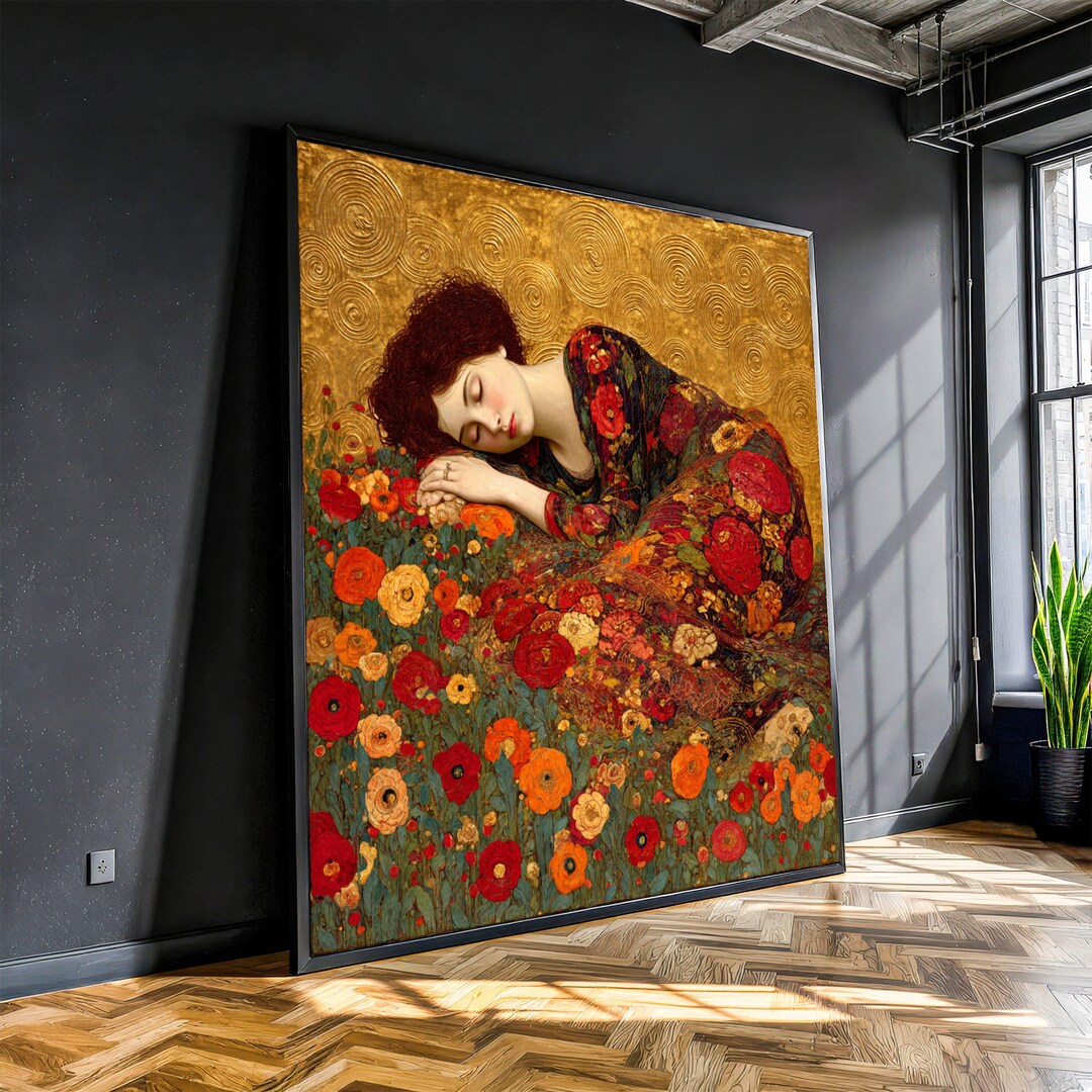 Sleeping Woman in Floral Dress Canvas, Gustav Klimt Art, Decorative ...