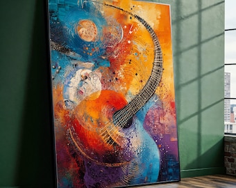 Abstrakcyjna sztuka na płótnie z gitarą, sztuka ścienna z instrumentem muzycznym, kolorowa dekoracja muzyczna, nowoczesne malarstwo, dekoracja pokoju muzycznego w domu