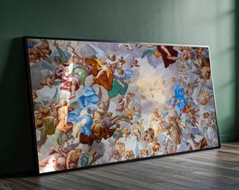 Heavenly Angelic Scene Canvas, Classic Renaissance Ceiling Art, Baroque Style Wall Decor, Religious Mythology Canvas, Ornate Home Decoration