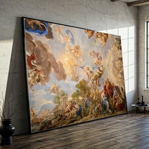 May include: Large framed artwork featuring a classical painting with figures, clouds, and a bright light source. The artwork is in a black frame and leans against a textured wall, with a wooden floor in the foreground.