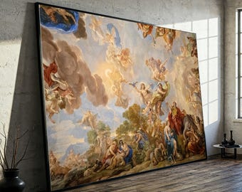 Classical Mythology Ceiling Fresco Canvas, Baroque Style Wall Art, Renaissance Decor, Angelic Figures Canvas Painting, Historical Art Print