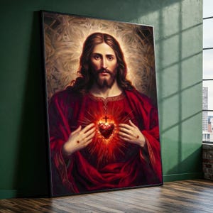 May include: A framed portrait of Jesus Christ, with long brown hair and a beard, wearing a red robe. The image features a glowing heart with a cross, set against a golden, textured background.