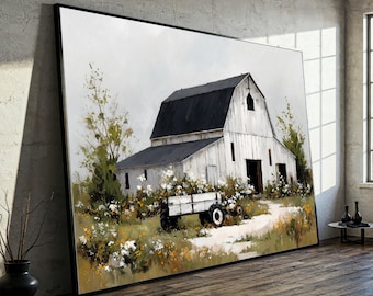 Rustic White Barn Canvas Wall Art, Farmhouse Scene Painting, Country Landscape Canvas, Floral Field Decoration, Vintage Farm Canvas Print