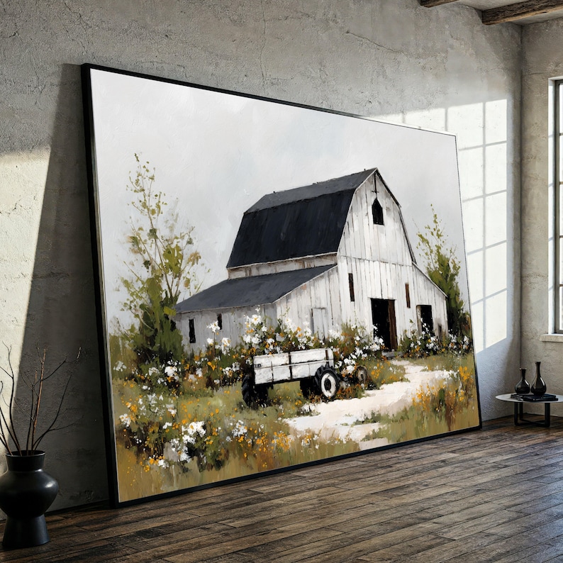 Rustic Canvas Rustic White Barn Canvas Wall Art, Farmhouse Scene Painting, Country ...
