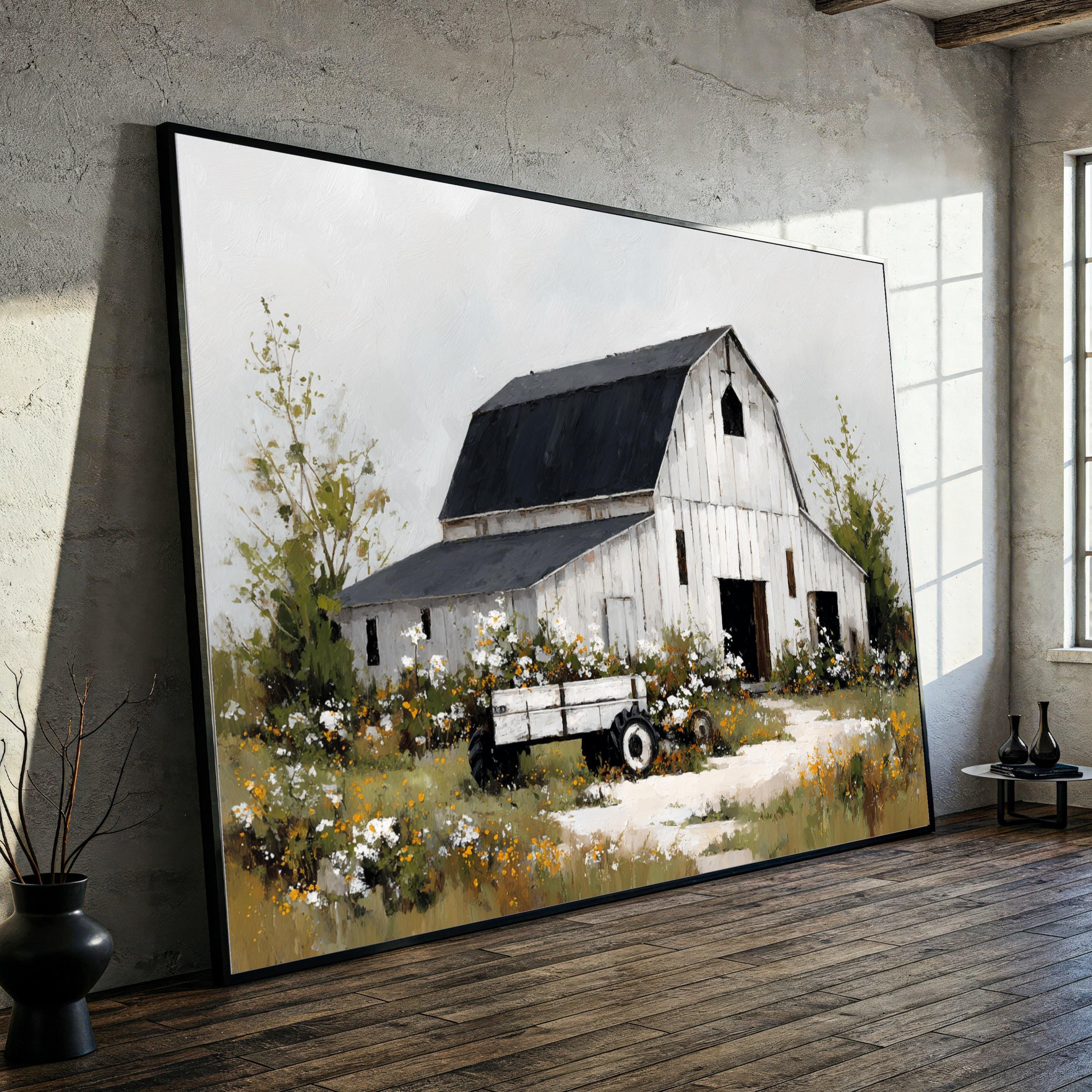 Rustic White Barn Canvas Wall Art, Farmhouse Scene Painting, Country ...