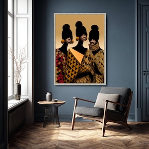 Elegant African Women Portrait Canvas, Modern Ethnic Fashion Art, Geometric Pattern Wall Decor, Stylish Female Silhouettes, Contemporary image 4
