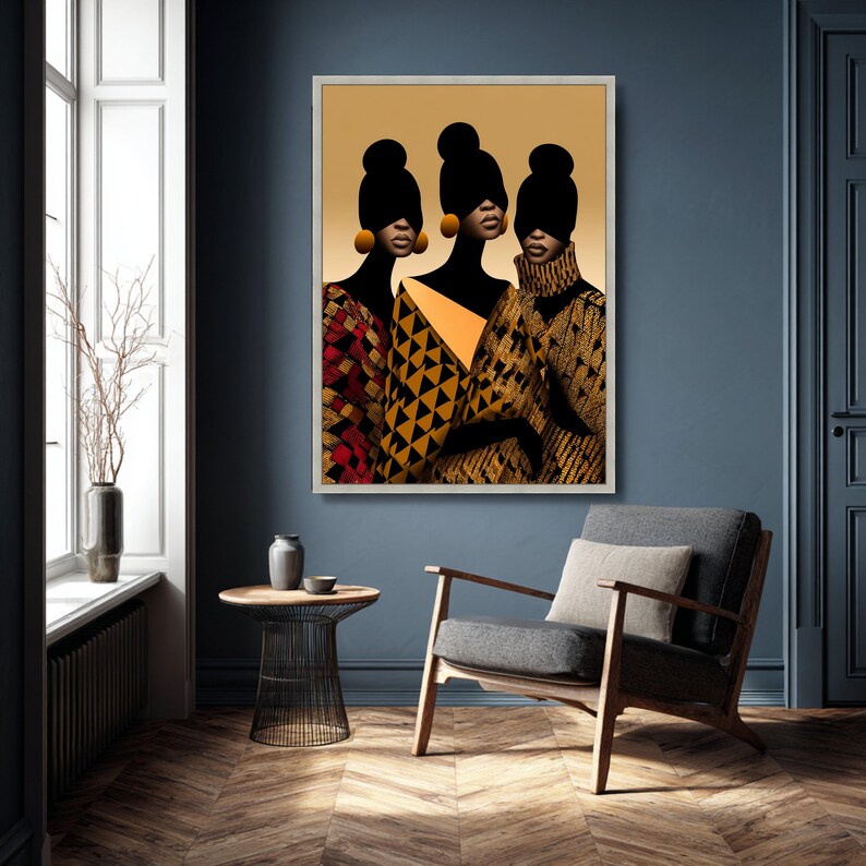 Elegant African Women Portrait Canvas, Modern Ethnic Fashion Art, Geometric Pattern Wall Decor, Stylish Female Silhouettes, Contemporary image 4
