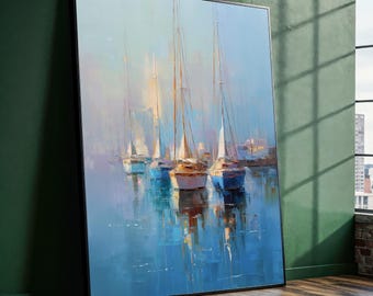 Sailboat Harbor Wall Art - Coastal Marina Canvas Print - Nautical Blue Boat Painting - Tranquil Sea View Decor