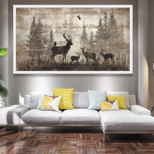 Rustic Woodland Deer Family Canvas, Vintage Forest Silhouette Wall Art, Nature Wildlife Canvas Decoration for Living Room image 5
