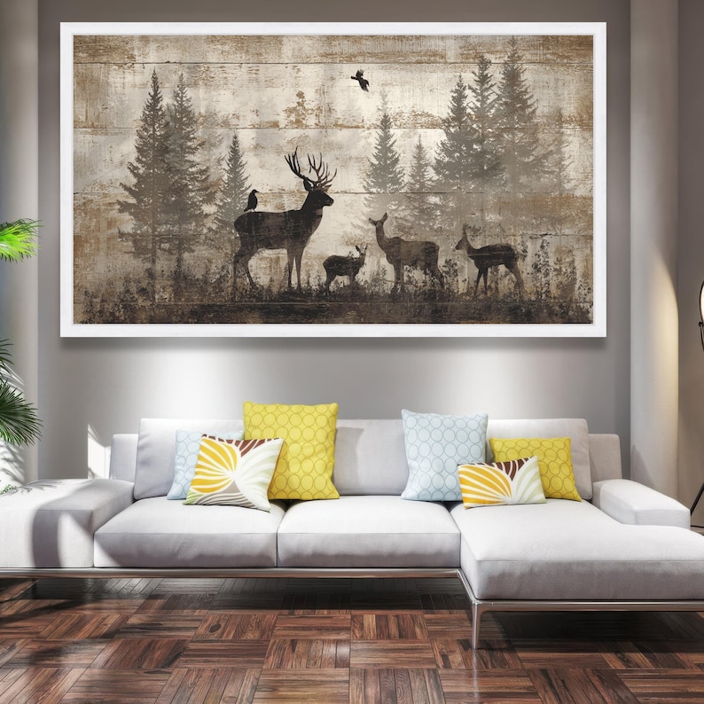 Rustic Woodland Deer Family Canvas, Vintage Forest Silhouette Wall Art, Nature Wildlife Canvas Decoration for Living Room image 5