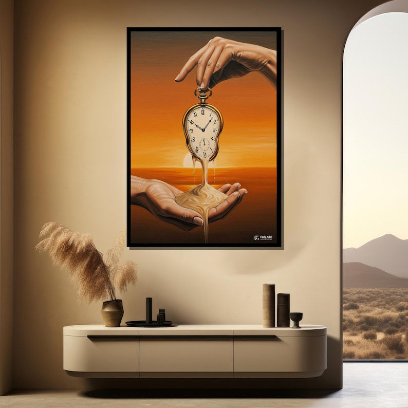 May include: A framed art print showing a surrealist image. A pocket watch is held between two hands, with the watch face melting into sand that pours into another pair of hands. The background features a sunset.