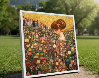 Gustav Klimt Woman Portrait Canvas, Golden Floral Lady Painting, Art Nouveau Wall Art for Elegant Home Décor