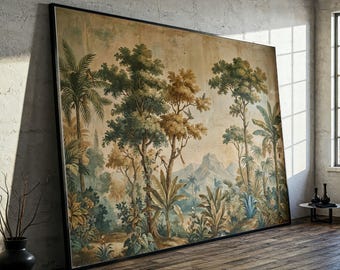 Vintage Tropical Forest Canvas Wall Art, Antique Botanical Landscape, Bird and Palm Trees, Rustic Nature Mural, Large Decorative Canvas