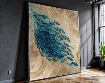 Arte mural de peces azules - Impresión moderna en lienzo costero - Pintura abstracta de vida marina - Decoración neutra para casa de playa