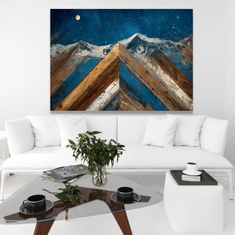 Rustic Mountain Landscape Canvas, Starry Night Sky Art, Wooden Wall Decor, Nature Scene Canvas, Moonlit Alpine View image 9