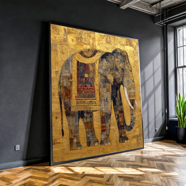 Cuadro de pared de elefante dorado sobre lienzo, decoración animal ornamentada, decoración de lujo dorada para el hogar de Gustav Klimt, pintura sobre lienzo.