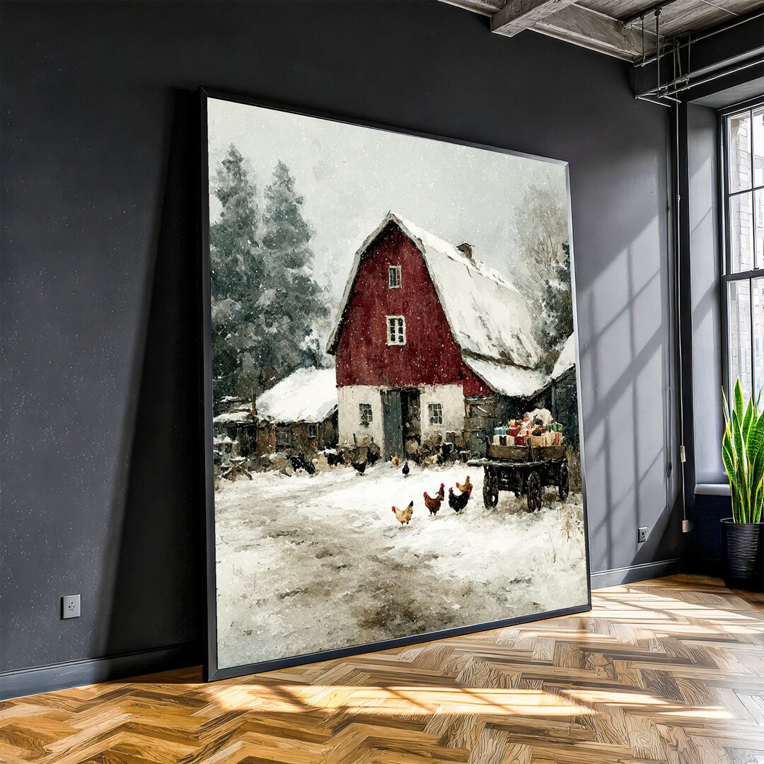 Winter Farmhouse Scene Canvas, Red Barn With Snow, Rustic Country Wall ...