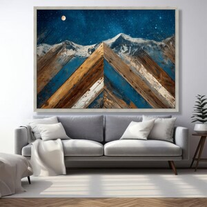 Rustic Mountain Landscape Canvas, Starry Night Sky Art, Wooden Wall Decor, Nature Scene Canvas, Moonlit Alpine View image 4