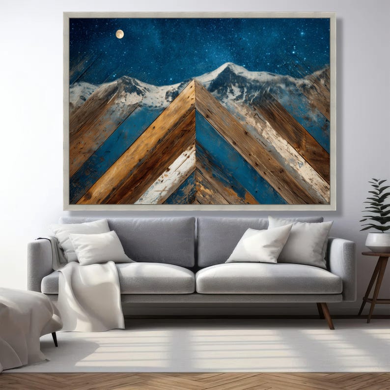 Rustic Mountain Landscape Canvas, Starry Night Sky Art, Wooden Wall Decor, Nature Scene Canvas, Moonlit Alpine View image 4