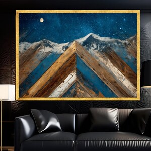 Rustic Mountain Landscape Canvas, Starry Night Sky Art, Wooden Wall Decor, Nature Scene Canvas, Moonlit Alpine View image 2