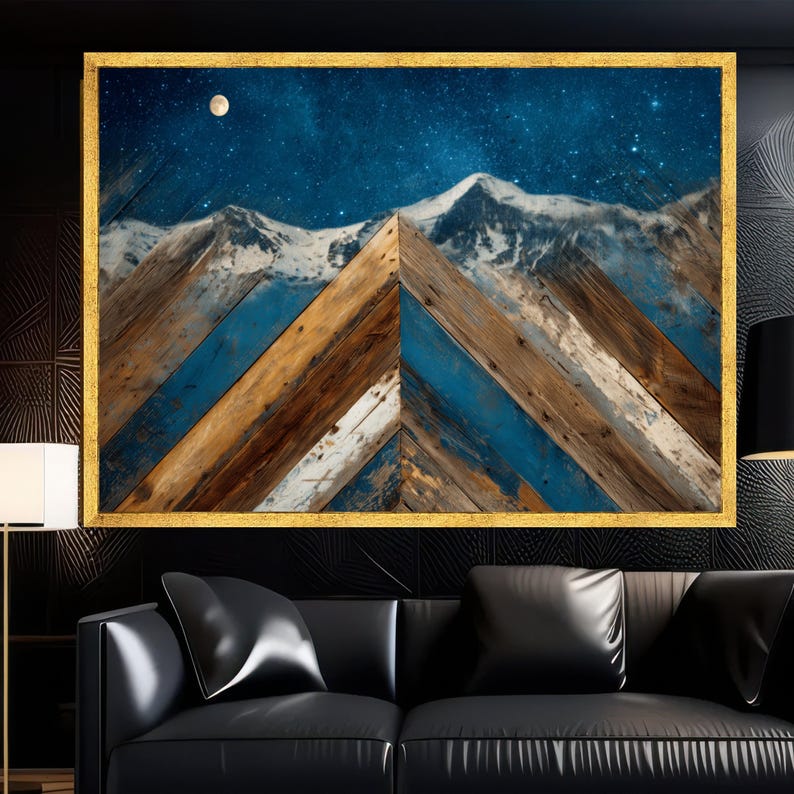 Rustic Mountain Landscape Canvas, Starry Night Sky Art, Wooden Wall Decor, Nature Scene Canvas, Moonlit Alpine View image 2
