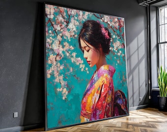 Geisha With Cherry Blossom, Original Oil Painting, Japanese Wall