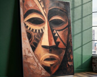 Tribal Abstract Mask Canvas Wall Art, African Ethnic Face Painting, Cultural Home Decor, Rustic Brown Art, Canvas Print