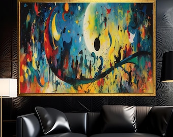 Pintura abstracta surrealista en lienzo, arte mural celestial colorido, decoración moderna lista para colgar, regalo único, idea de regalo de arte en lienzo