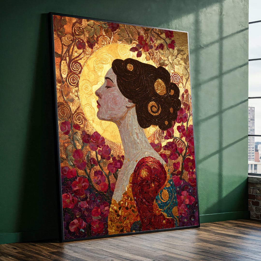 Gustav Klimt Mosaic Portrait, Gold Floral Canvas Wall Art, Elegant ...