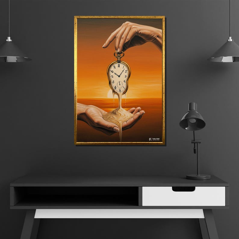 May include: A framed artwork shows a surreal scene with a melting pocket watch held between two hands. The watch's face is distorted, and sand flows from it into another hand. The background features a sunset.