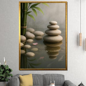 Zen Stones and Bamboo Canvas Painting – Tranquil Minimalist Wall Art, Ready to Hang, Gift for Spa, Yoga, and Peaceful Spaces
