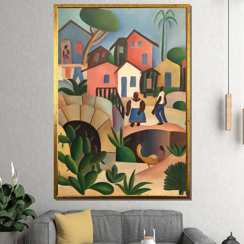 Puede incluir: Pintura enmarcada que representa una colorida escena de pueblo. La obra presenta casas en tonos rojos, azules y blancos, con figuras de personas caminando. El follaje verde y un marco dorado completan la composici&oacute;n.