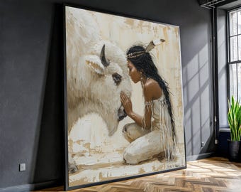 Native Spirit Connection Canvas, Indigenous Woman with White Buffalo, Tribal Art Canvas Wall Decor, Bohemian Home Decoration, Inspirational