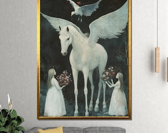 White Pegasus Fantasy Leinwanddruck - Verträumte mythische Wandkunst, Geschenk für Mädchen und Liebhaber magischer Geschöpfe