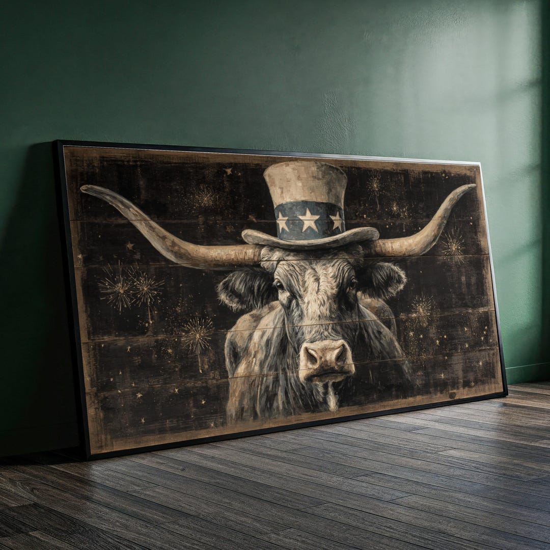 Rustic Bull Rustic Longhorn Bull Canvas Wall Art, Americana Hat Painting, Western ...