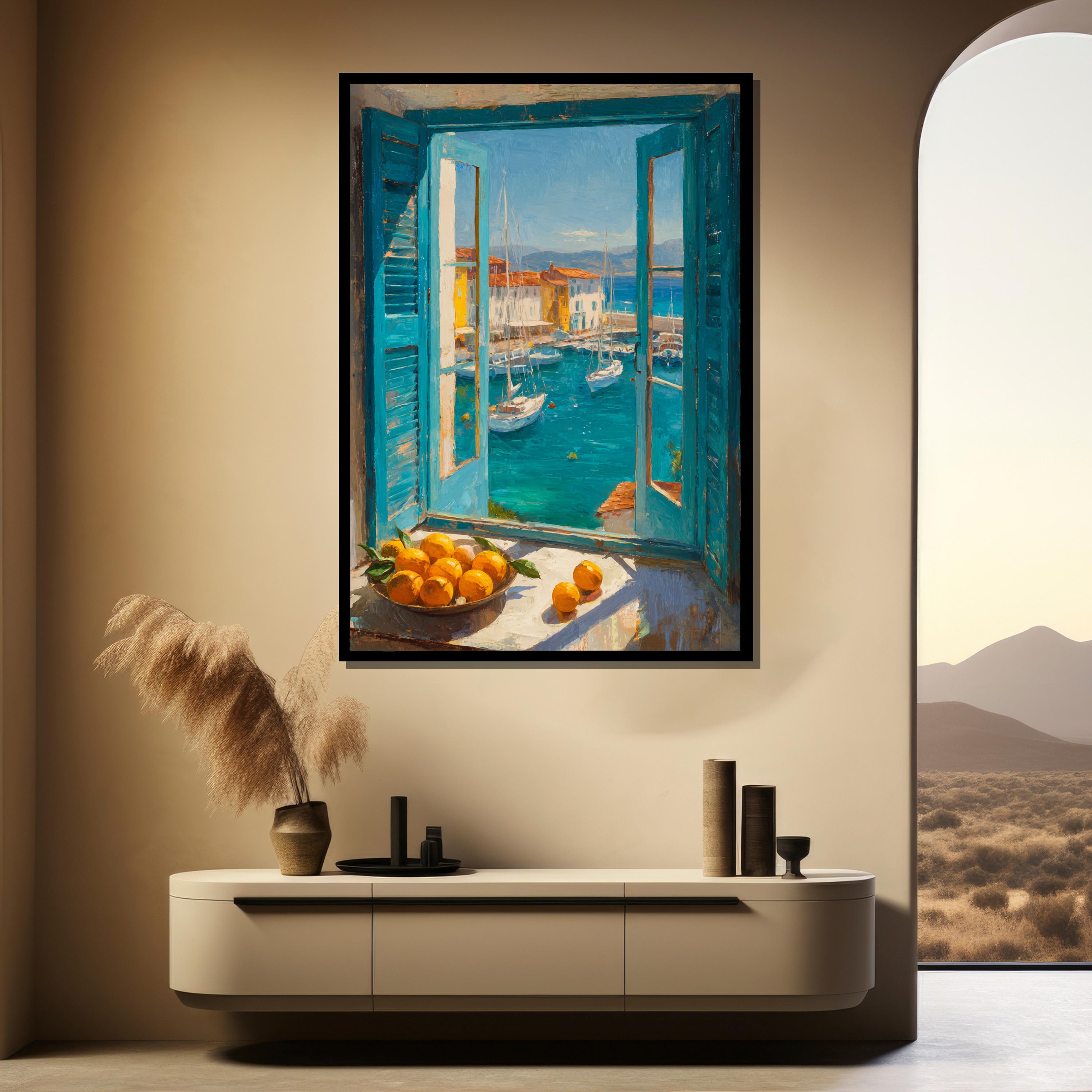 Mediterranean Window View Art - Coastal Harbor Canvas Print - Orange ...