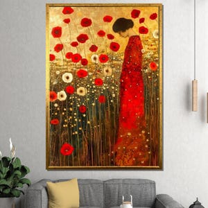 Toile femme coquelicot rouge doré - Art mural élégant Art nouveau inspiré de Klimt pour une décoration florale féminine à la maison ou une idée cadeau artistique romantique