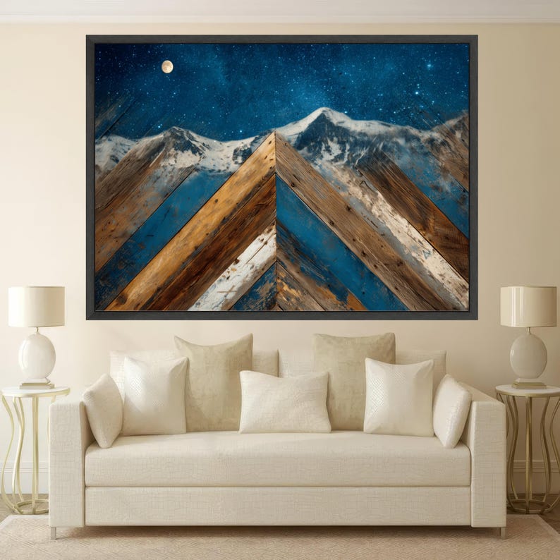 Rustic Mountain Landscape Canvas, Starry Night Sky Art, Wooden Wall Decor, Nature Scene Canvas, Moonlit Alpine View image 3
