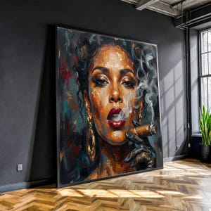 May include: Large framed oil painting of a woman smoking a cigar. The artwork features a close-up of the woman's face with red lipstick, gold earrings, and black gloves. Smoke curls from the cigar, adding a dramatic effect.
