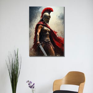 May include: A canvas print depicts a warrior in ancient armor, holding a sword. The warrior wears a red cape and a helmet with a red plume. The artwork has a dramatic, painterly style with a cloudy background.
