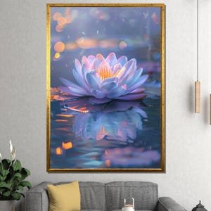 蓮の花のキャンバス絵画、禅の花の反射ウォールアート、すぐに掛けられる瞑想装飾、ヨガスタジオギフト、キャンバスアートギフト