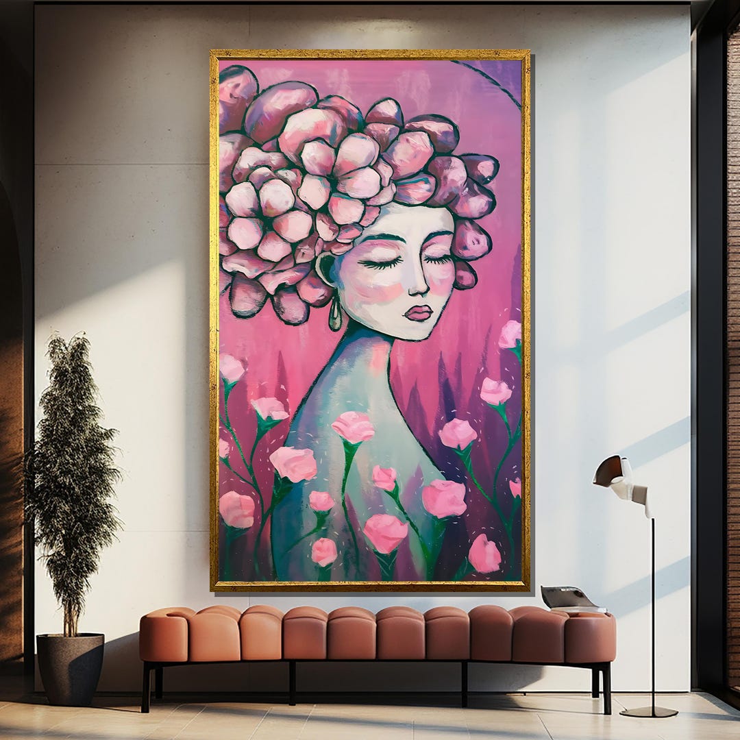 夢のような花柄の女性キャンバス絵画 - 花をあしらった抽象的なピンク